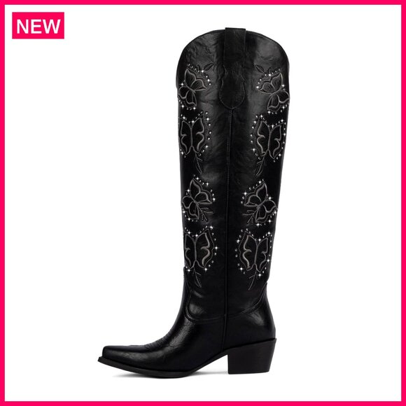 Shoes - Knee High Cowboy Boots with Rhinestone Butterfly Embroidery Chunky Heel Slip On